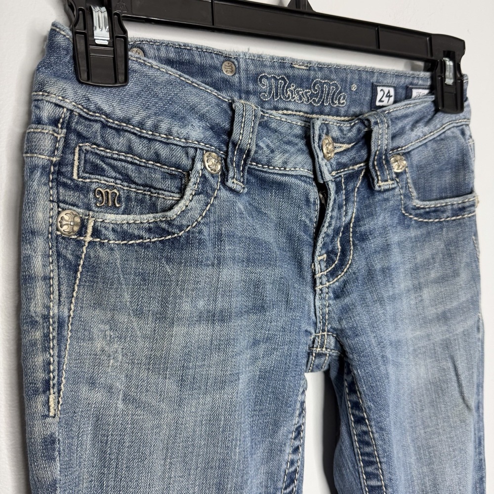 Miss Me Jeans Size 24 JP500gR Blue Studded Rhinestone Cross Boot Cut Y2K Low Ris - Picture 3 of 11